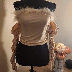 Elegant Off-Shoulder Beige Top with Feather Trim